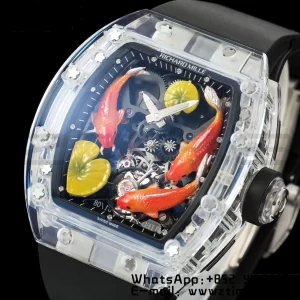 RICHARD MILLERM RMS10 Tourbillon Trasparente RMF Edizione Migliore Quadrante Pesce Koi su Cinturino in Gomma Nera - Orologio Super Clone | 1:1 Versione Migliore