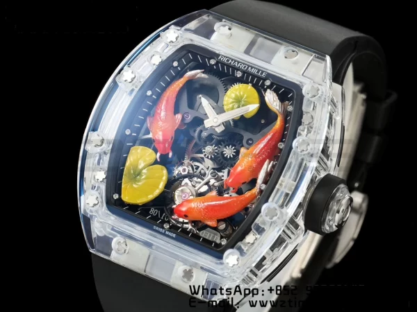 RICHARD MILLERM RMS10 Tourbillon Trasparente RMF Edizione Migliore Quadrante Pesce Koi su Cinturino in Gomma Nera - Orologio Super Clone | 1:1 Versione Migliore