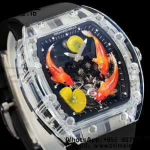 RICHARD MILLERM RMS10 Tourbillon Trasparente RMF Edizione Migliore Quadrante Pesce Koi su Cinturino in Gomma Nera - Orologio Super Clone | 1:1 Versione Migliore