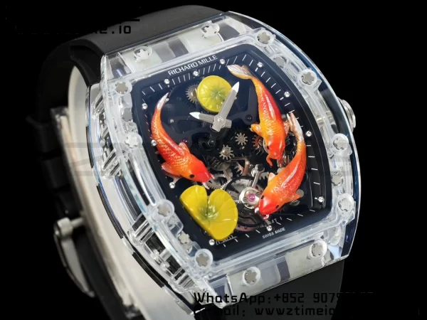 RICHARD MILLERM RMS10 Tourbillon Trasparente RMF Edizione Migliore Quadrante Pesce Koi su Cinturino in Gomma Nera - Orologio Super Clone | 1:1 Versione Migliore