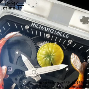 RICHARD MILLERM RMS10 Tourbillon Trasparente RMF Edizione Migliore Quadrante Pesce Koi su Cinturino in Gomma Nera - Orologio Super Clone | 1:1 Versione Migliore
