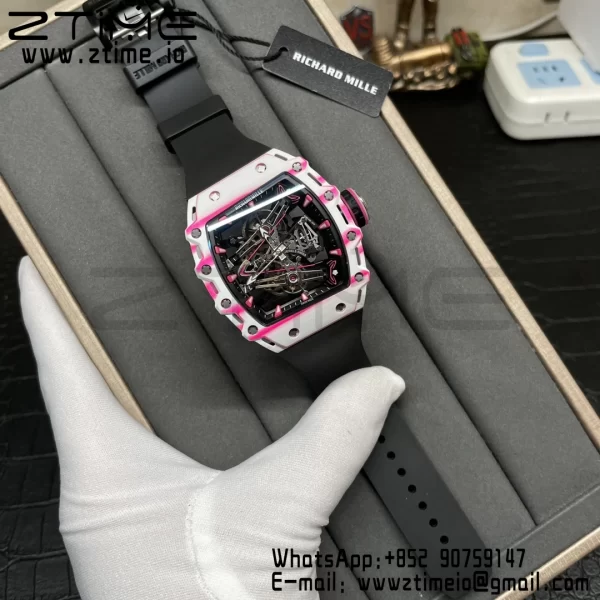 RICHARD MILLERM RM38-02 White Carbon Tourbillon RMF Best Edition Skeleton Dial on Black  Rubber Strap - Super Clone Watch | 1:1 Best Version