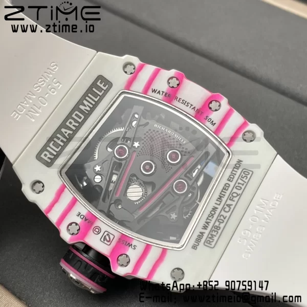 RICHARD MILLERM RM38-02 White Carbon Tourbillon RMF Best Edition Skeleton Dial on White Rubber Strap - Super Clone Watch | 1:1 Best Version