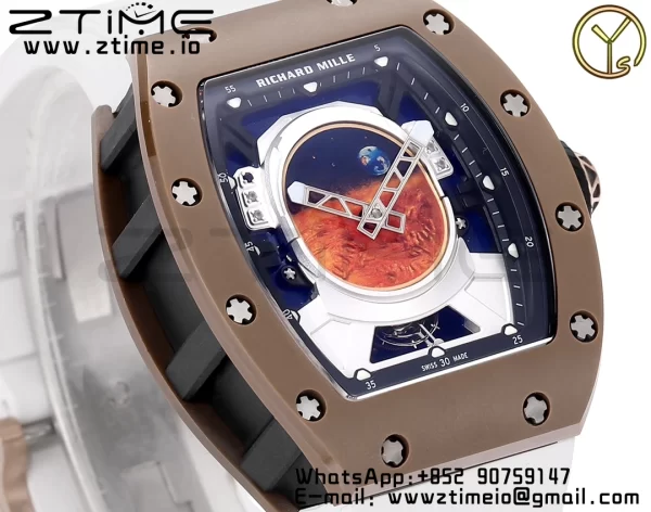 RICHARD MILLERM RM52 Astronaut Tourbillon Brown Ceramic YSF Best Edition on White Rubber Strap - Super Clone Watch | 1:1 Best Version