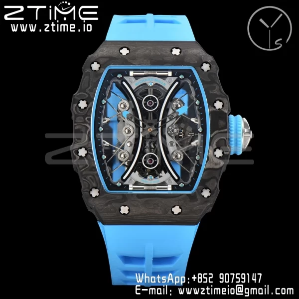 RICHARD MILLERM RM53-02 Tourbillon Carbon YSF Best Edition Skeleton Dial on Blue Rubber Strap - Super Clone Watch | 1:1 Best Version