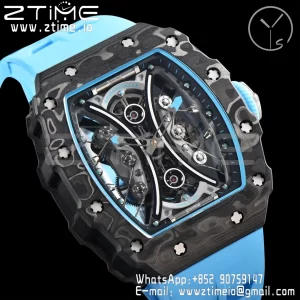 RICHARD MILLERM RM53-02 Tourbillon Carbon YSF Best Edition Skeleton Dial on Blue Rubber Strap - Super Clone Watch | 1:1 Best Version