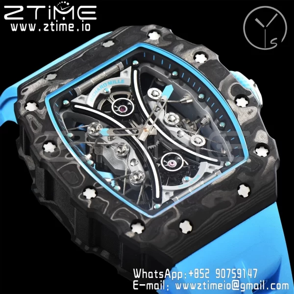 RICHARD MILLERM RM53-02 Tourbillon Carbon YSF Best Edition Skeleton Dial on Blue Rubber Strap - Super Clone Watch | 1:1 Best Version