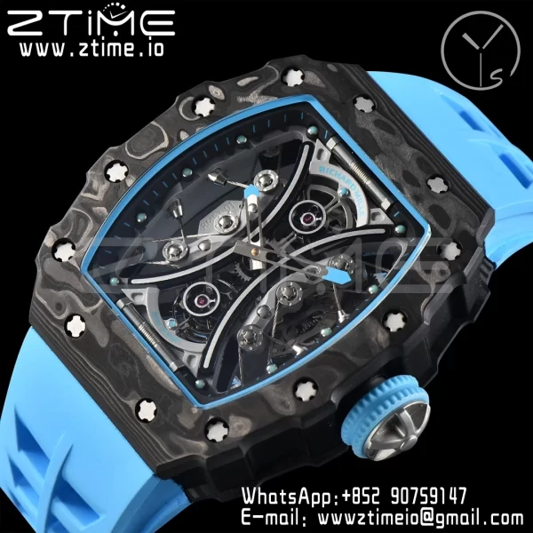RICHARD MILLERM RM53-02 Tourbillon Carbon YSF Best Edition Skeleton Dial on Blue Rubber Strap - Super Clone Watch | 1:1 Best Version