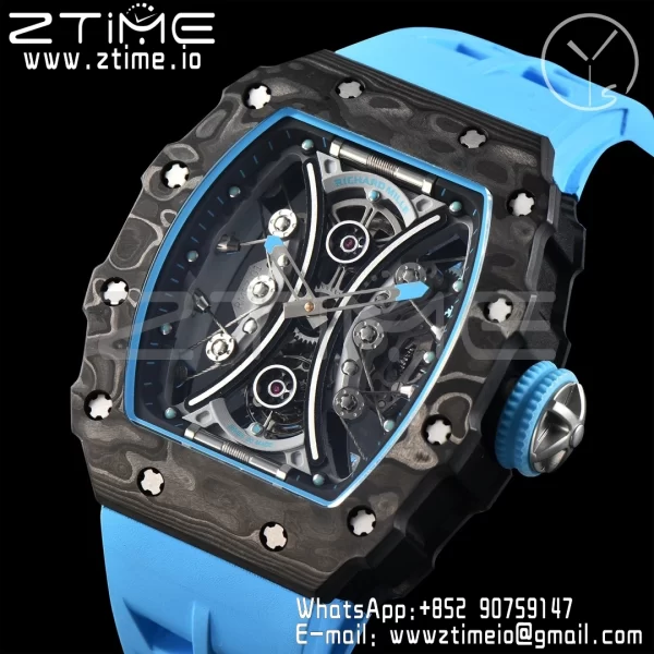 RICHARD MILLERM RM53-02 Tourbillon Carbon YSF Best Edition Skeleton Dial on Blue Rubber Strap - Super Clone Watch | 1:1 Best Version