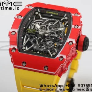 RICHARD MILLERM RM35-02 RM3502 Real Red NTPT RMF 1:1 Best Edition Skeleton Black Dial on Yellow Rubber Strap RMUL2 - Super Clone Watch | 1:1 Best Version