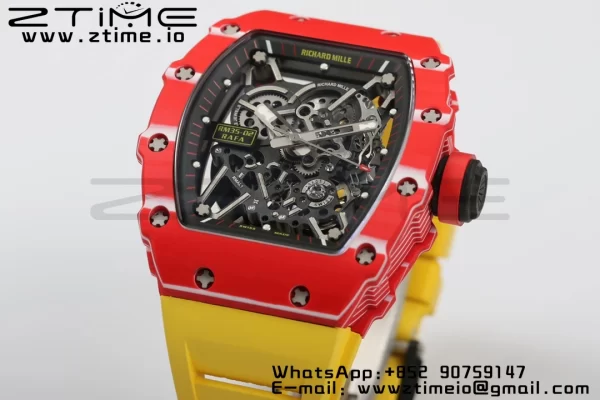 RICHARD MILLERM RM35-02 RM3502 Real Red NTPT RMF 1:1 Best Edition Skeleton Black Dial on Yellow Rubber Strap RMUL2 - Super Clone Watch | 1:1 Best Version