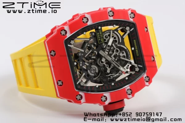 RICHARD MILLERM RM35-02 RM3502 Real Red NTPT RMF 1:1 Best Edition Skeleton Black Dial on Yellow Rubber Strap RMUL2 - Super Clone Watch | 1:1 Best Version