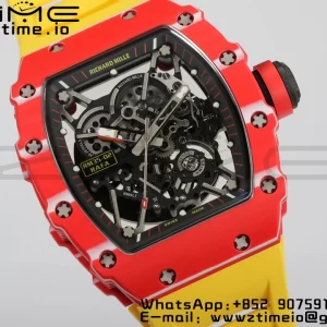 RICHARD MILLERM RM35-02 RM3502 Real Red NTPT RMF 1:1 Best Edition Skeleton Black Dial on Yellow Rubber Strap RMUL2 - Super Clone Watch | 1:1 Best Version