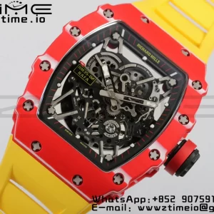 RICHARD MILLERM RM35-02 RM3502 Real Red NTPT RMF 1:1 Best Edition Skeleton Black Dial on Yellow Rubber Strap RMUL2 - Super Clone Watch | 1:1 Best Version