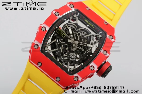 RICHARD MILLERM RM35-02 RM3502 Real Red NTPT RMF 1:1 Best Edition Skeleton Black Dial on Yellow Rubber Strap RMUL2 - Super Clone Watch | 1:1 Best Version
