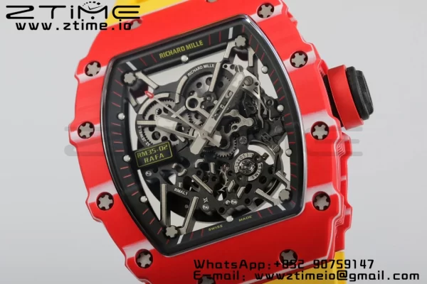 RICHARD MILLERM RM35-02 RM3502 Real Red NTPT RMF 1:1 Best Edition Skeleton Black Dial on Yellow Rubber Strap RMUL2 - Super Clone Watch | 1:1 Best Version