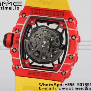 RICHARD MILLERM RM35-02 RM3502 Real Red NTPT RMF 1:1 Best Edition Skeleton Black Dial on Yellow Rubber Strap RMUL2 - Super Clone Watch | 1:1 Best Version