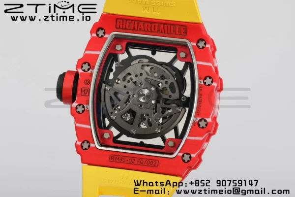RICHARD MILLERM RM35-02 RM3502 Real Red NTPT RMF 1:1 Best Edition Skeleton Black Dial on Yellow Rubber Strap RMUL2 - Super Clone Watch | 1:1 Best Version