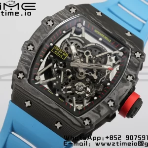 RICHARD MILLERM RM35-02 RM3502 Real NTPT RMF 1:1 Best Edition Quadrante nero scheletrato su cinturino in gomma blu RMUL2 - Orologio super clone | 1:1 Best Version