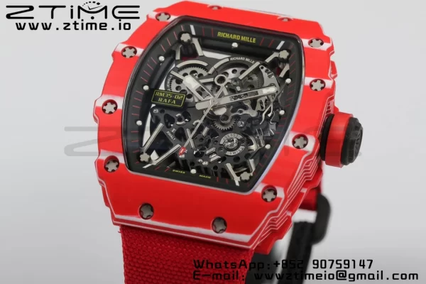 RICHARD MILLERM RM35-02 RM3502 Real Red NTPT RMF 1:1 Best Edition Skeleton Black Dial on Red Nylon Strap RMUL2 - Super Clone Watch | 1:1 Best Version