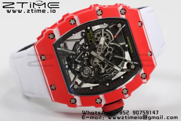 RICHARD MILLERM RM35-02 RM3502 Real Red NTPT RMF 1:1 Best Edition Skeleton Black Dial on White Nylon Strap RMUL2 - Super Clone Watch | 1:1 Best Version