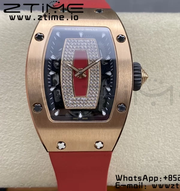 RICHARD MILLERM RM007 RM07-01 RG BBA Best Edition Black dial with diamond centre on Red Rubber Strap - Super Clone Watch | 1:1 Best Version