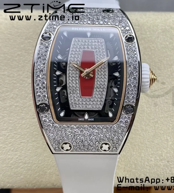 RICHARD MILLERM RM007 RM07-01 SS BBA Best Edition Cadran noir avec centre diamanté sur bracelet caoutchouc blanc - Super Clone Watch | 1:1 Best Version