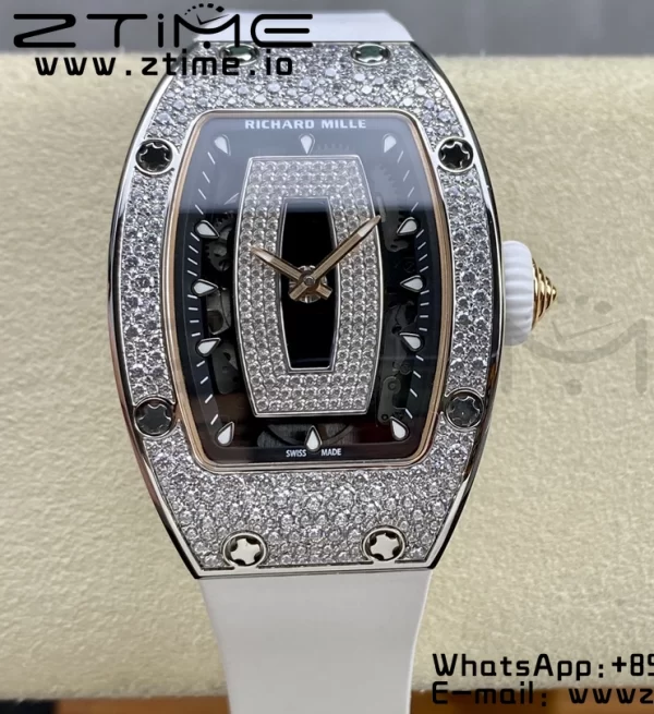 RICHARD MILLERM RM007 RM07-01 SS BBA ベストエディション ブラックダイアル、ダイヤモンドセンター、ホワイトラバーストラップ - スーパークローンウォッチ｜1:1ベストバージョン