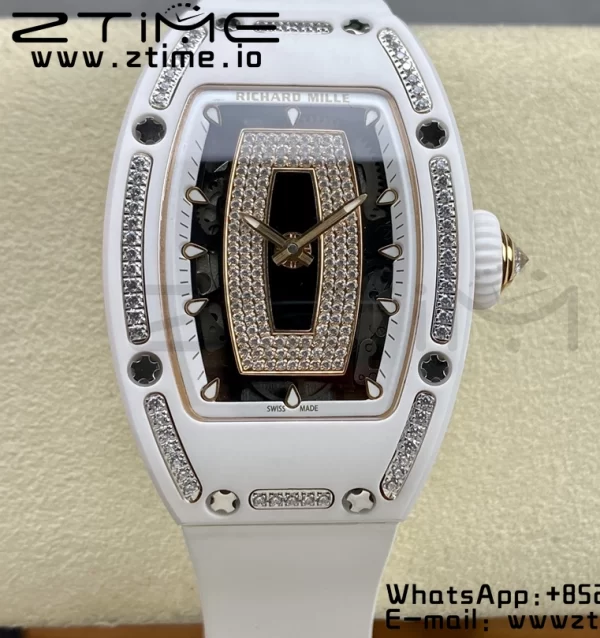 RICHARD MILLERM RM007 RM07-01 Ceramic BBA Best Edition Black dial with diamond centre on White Rubber Strap - Super Clone Watch | 1:1 Best Version