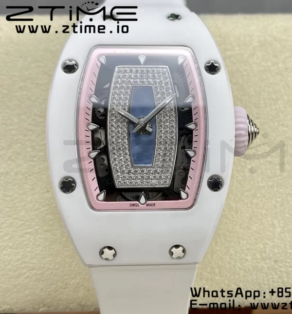 RICHARD MILLERM RM007 RM07-01 Ceramic BBA Best Edition Pink dial with diamond centre on White Rubber Strap - Super Clone Watch | 1:1 Best Version