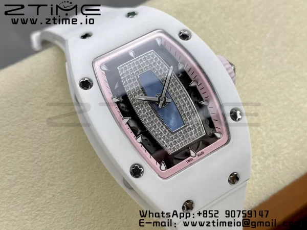RICHARD MILLERM RM007 RM07-01 Ceramic BBA Best Edition Pink dial with diamond centre on White Rubber Strap - Super Clone Watch | 1:1 Best Version