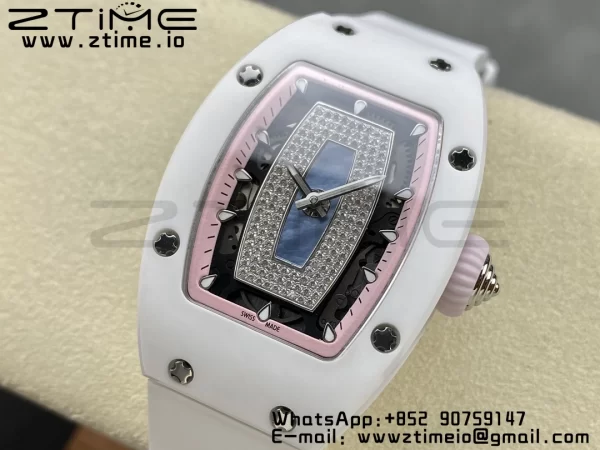 RICHARD MILLERM RM007 RM07-01 Ceramic BBA Best Edition Pink dial with diamond centre on White Rubber Strap - Super Clone Watch | 1:1 Best Version
