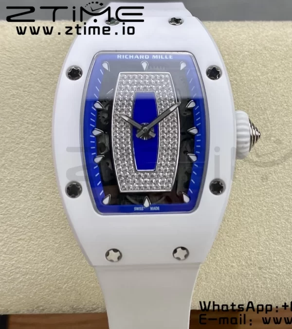 RICHARD MILLERM RM007 RM07-01 Ceramic BBA Best Edition Μπλε καντράν με διαμαντένιο κέντρο σε λευκό καουτσούκ λουράκι - Super Clone Watch | 1:1 Best Version