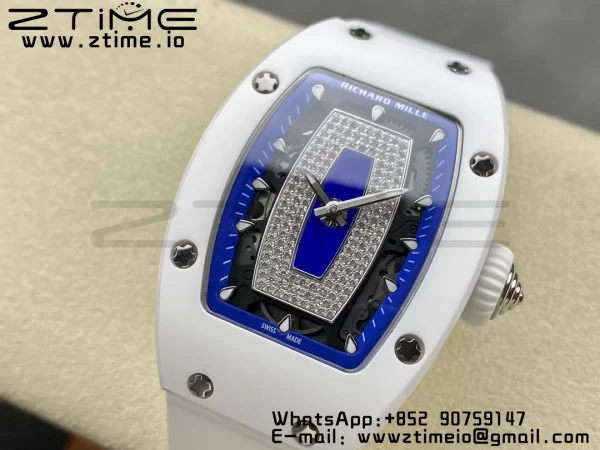 RICHARD MILLERM RM007 RM07-01 Ceramic BBA Best Edition Μπλε καντράν με διαμαντένιο κέντρο σε λευκό καουτσούκ λουράκι - Super Clone Watch | 1:1 Best Version