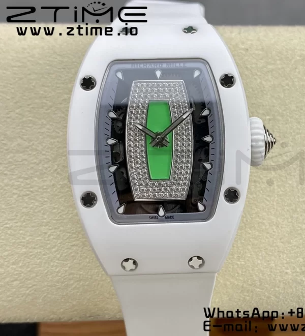 RICHARD MILLERM RM007 RM07-01 Ceramic BBA Best Edition Black dial with diamond centre on White Rubber Strap - Super Clone Watch | 1:1 Best Version