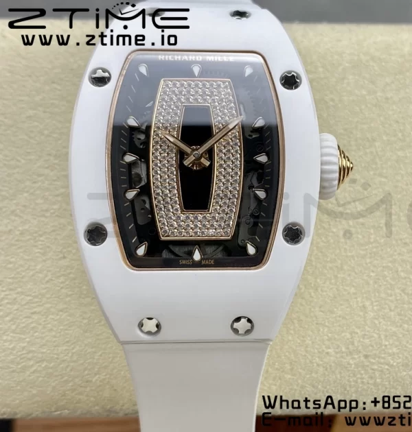 RICHARD MILLERM RM007 RM07-01 Ceramic BBA Best Edition Quadrante nero con diamante centrale su cinturino in gomma bianca - Orologio Super Clone | 1:1 Best Version