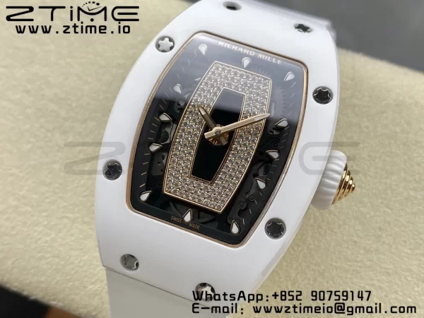 RICHARD MILLERM RM007 RM07-01 Ceramic BBA Best Edition Quadrante nero con diamante centrale su cinturino in gomma bianca - Orologio Super Clone | 1:1 Best Version