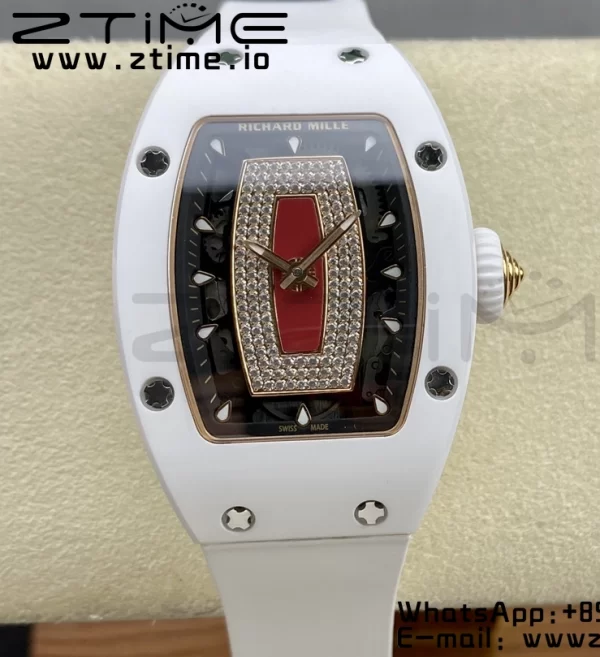 RICHARD MILLERM RM007 RM07-01 セラミックBBAベストエディション ブラックダイアル、ダイヤモンドセンター、ホワイトラバーストラップ - スーパークローンウォッチ｜1:1ベストバージョン