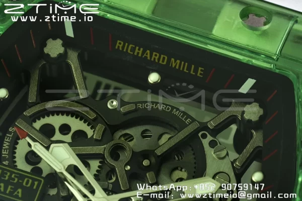 RICHARD MILLERM RM035 RM35-01 グリーン透明RMFベスト版 スケルトンダイヤル ホワイトラバーストラップ クローンRMUL2 - スーパークローンウォッチ｜1:1ベストバージョン