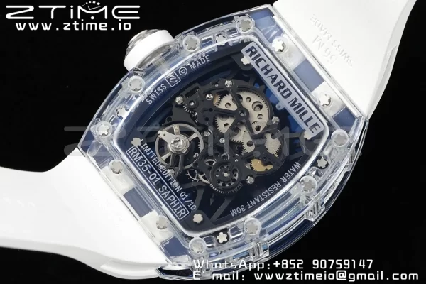 RICHARD MILLERM RM035 RM35-01 Transparent RMF Best Edition Skeleton Blue Dial on White Rubber Strap Clone RMUL2 - Super Clone Watch | 1:1 Best Version