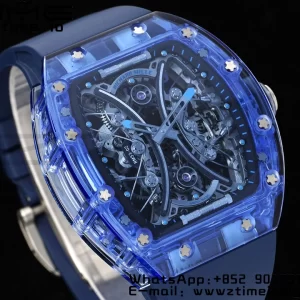 RICHARD MILLERM RM53-02 Μπλε διαφανές Tourbillon RMF Best Edition Skeleton Dial με μπλε λουράκι από καουτσούκ - Super Clone Watch | 1:1 Best Version