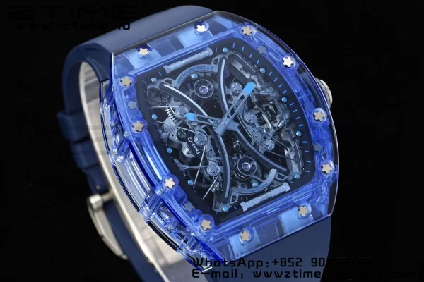 RICHARD MILLERM RM53-02 Μπλε διαφανές Tourbillon RMF Best Edition Skeleton Dial με μπλε λουράκι από καουτσούκ - Super Clone Watch | 1:1 Best Version