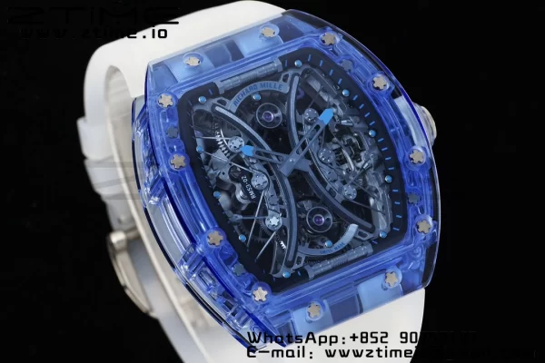 RICHARD MILLERM RM53-02 Tourbillon blu trasparente RMF Best Edition Quadrante scheletrato su cinturino in gomma trasparente - Orologio super clone | 1:1 Versione migliore