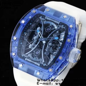 RICHARD MILLERM RM53-02 Tourbillon blu trasparente RMF Best Edition Quadrante scheletrato su cinturino in gomma trasparente - Orologio super clone | 1:1 Versione migliore