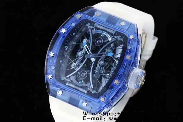 RICHARD MILLERM RM53-02 Tourbillon blu trasparente RMF Best Edition Quadrante scheletrato su cinturino in gomma trasparente - Orologio super clone | 1:1 Versione migliore