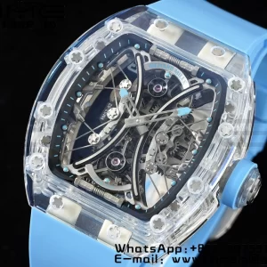 RICHARD MILLERM RM 53-02 Cassa trasparente Real Tourbillon Pablo Mac Donough JBF Best Edition su cinturino in gomma blu V2 - Orologio super clone | 1:1 Best Version
