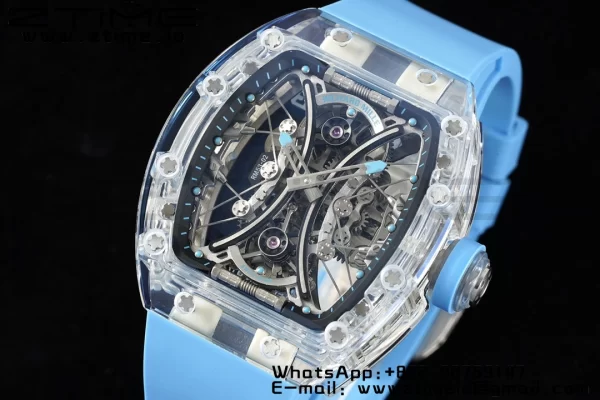 RICHARD MILLERM RM 53-02 Cassa trasparente Real Tourbillon Pablo Mac Donough JBF Best Edition su cinturino in gomma blu V2 - Orologio super clone | 1:1 Best Version