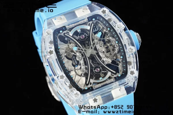 RICHARD MILLERM RM 53-02 Cassa trasparente Real Tourbillon Pablo Mac Donough JBF Best Edition su cinturino in gomma blu V2 - Orologio super clone | 1:1 Best Version