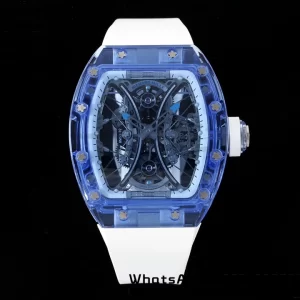 RICHARD MILLERM RM53-02 Blue Transparent Tourbillon RMF Best Edition Skeleton Dial on White Rubber Strap - Super Clone Watch | 1:1 Best Version