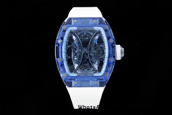 RICHARD MILLERM RM53-02 Blue Transparent Tourbillon RMF Best Edition Skeleton Dial on White Rubber Strap - Super Clone Watch | 1:1 Best Version